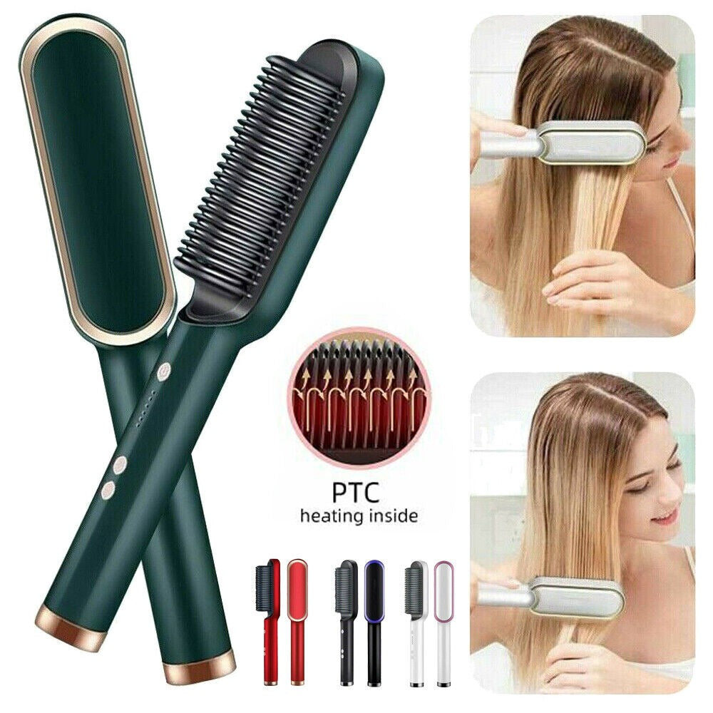 909 Hair Straightening Brush | Electric 2‑in‑1 Straightener & Curler